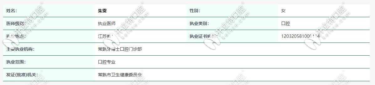 牙博士口腔朱雯医生执业证书